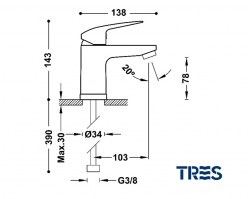 MEDIDAS MONOMANDO LAVABO BASE PLUS TRES GRIFERIA